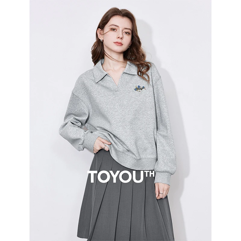 TOYOTUH Damen-Kapuzenpullover, Sweatshirt, 2025, Frühjahr, neue Schwerindustrie, Blumenstickerei, V-POLO-Kragen, Pullover, Tops