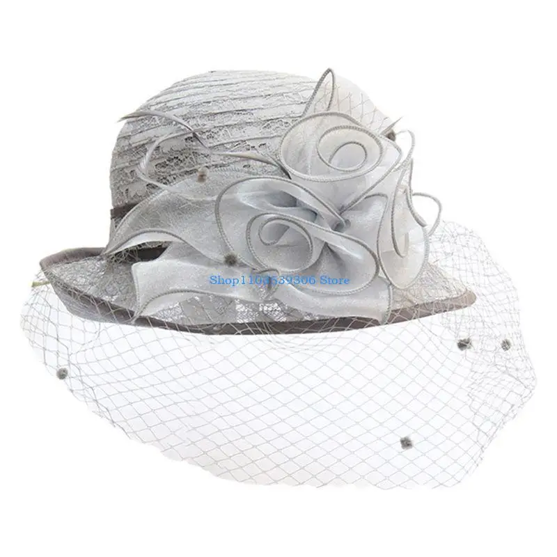 

400A Women Retro Church Derby Crochet Lace Cloche Hat Elegant Mesh Veil Floral Roll Up Brim Sunscreen Foldable Tea Party Wedding