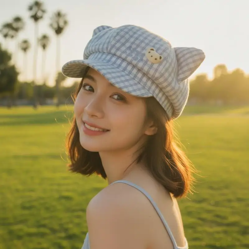 Cute Bear Plaid Octagonal Beret Hat Women Spring Summer Thin Sweet Face Slimming Cap Hat Spare Parts