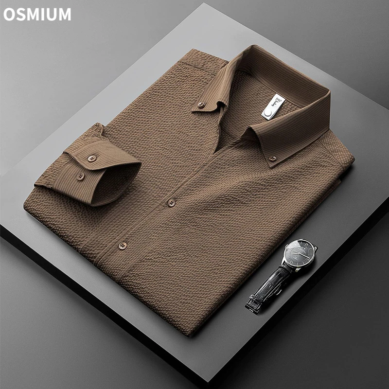 Men Long Sleeve Button Up Shirt Mens White Brown Slim Lapel Business Formal Wear High Quality Plus Size No Ironing Shirt M-4XL