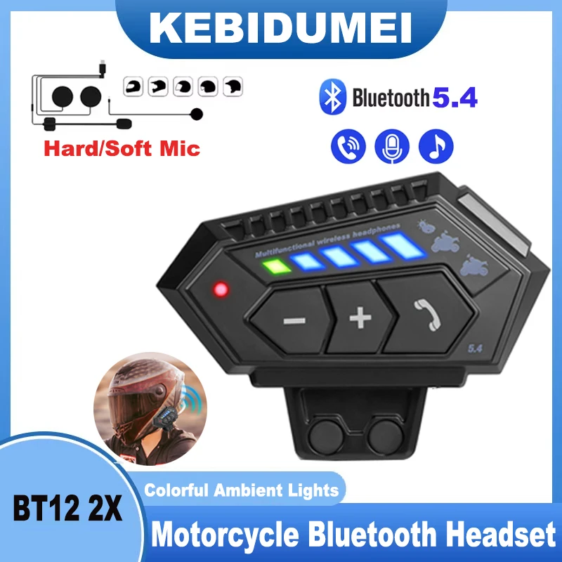 BT12 2X Motorcycle Helmet Headset  Bluetooth 5.4 Earphone Wireless Handsfree Waterproof  Noise Reduction Voice Control  For Moto