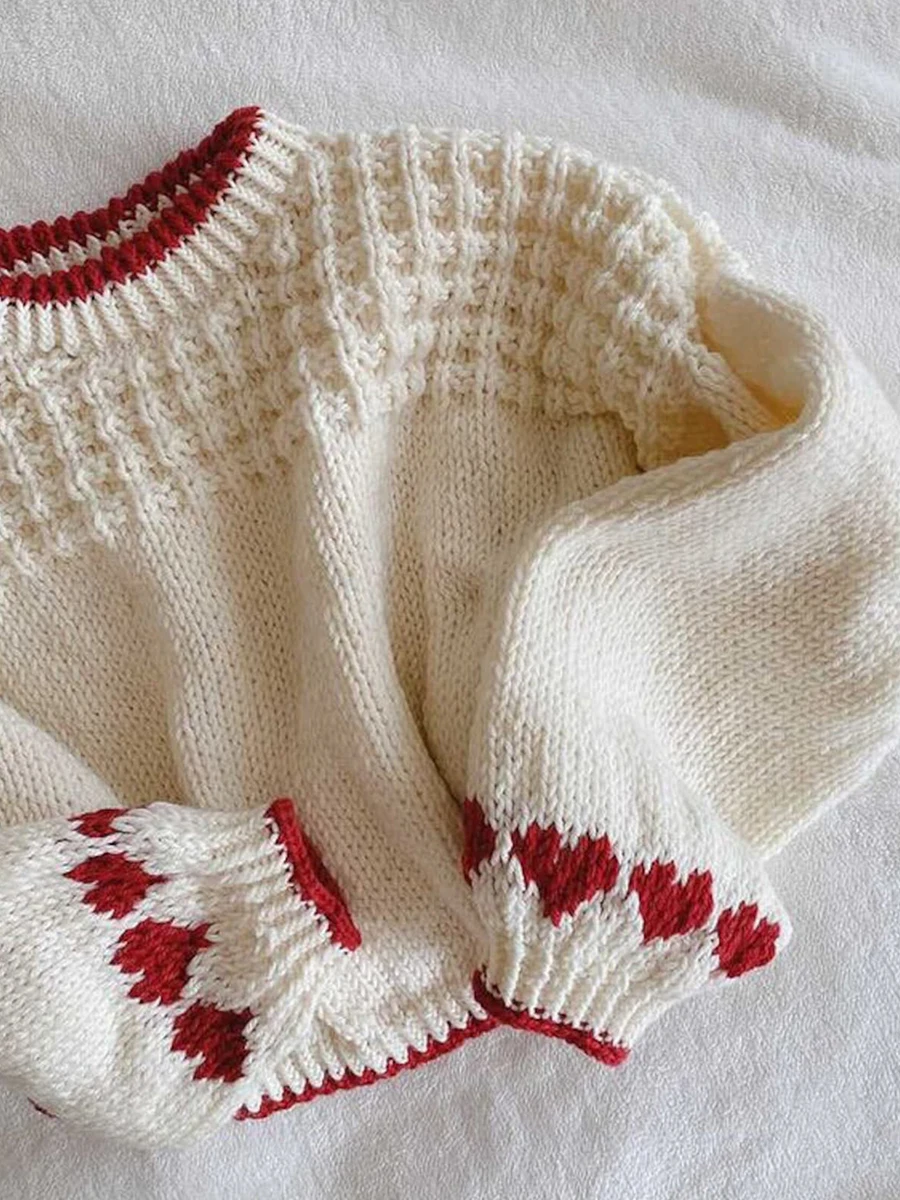 

Women's Spring Autumn Knit Sweater Long Sleeve O-Neck Heart Print Loose Knitwear Casual Pullover Tops
