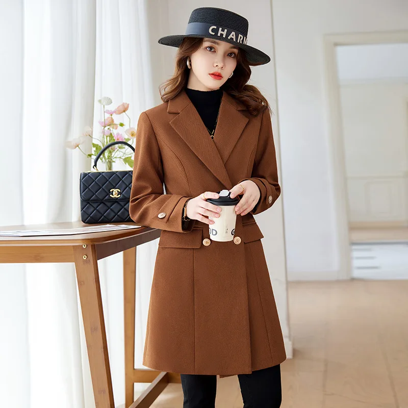 New Women Formal Blazer Coat Autumn Winter Jacket Female Double Button Office Coat Ladies Work Wear Mid Long Blazer Outerwear