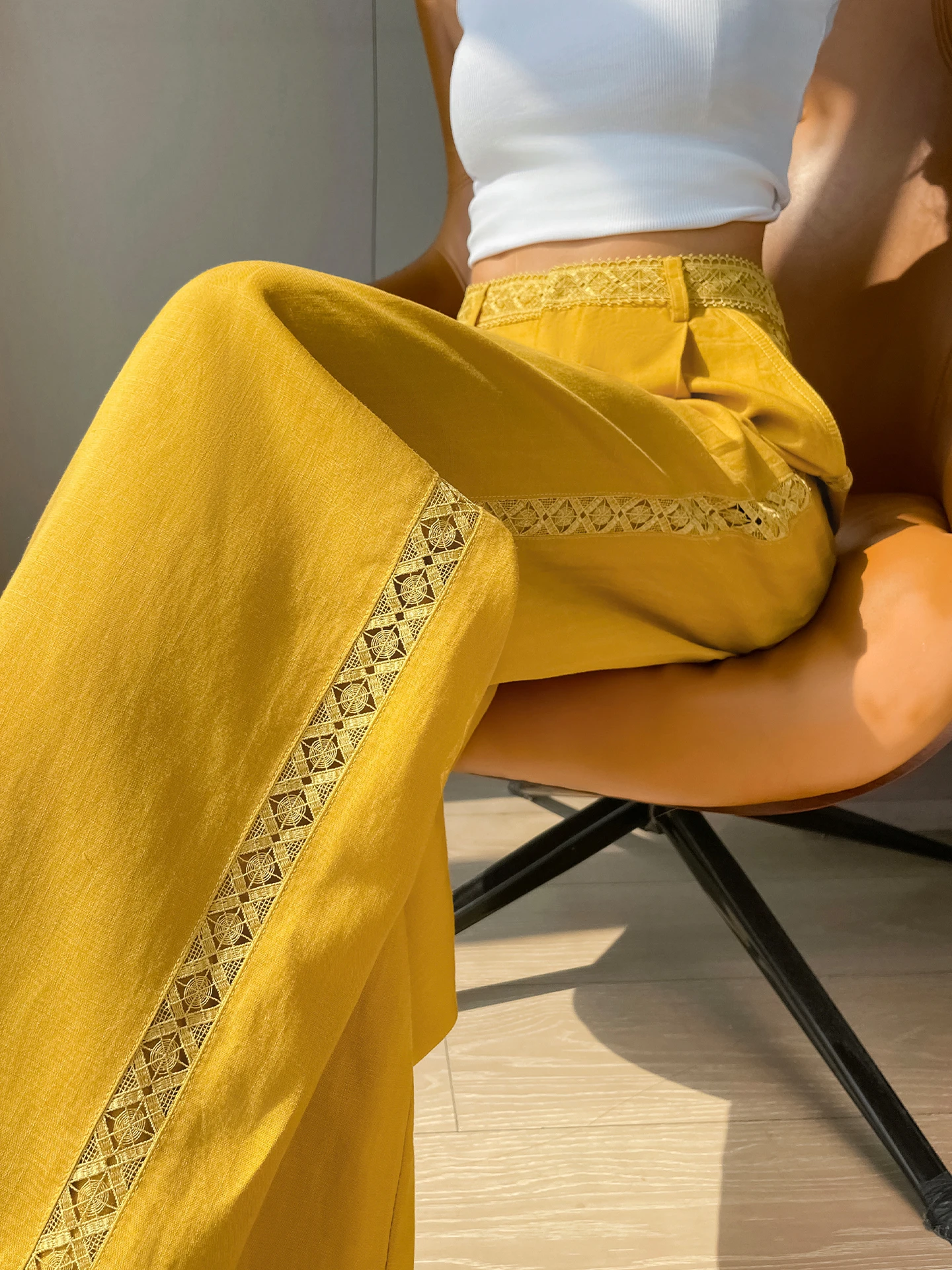 Linen Wide Leg Pants Women's Spring Summer New Style Ice Silk Yellow Straight Leg Trousers Lace Hollow out Side Design