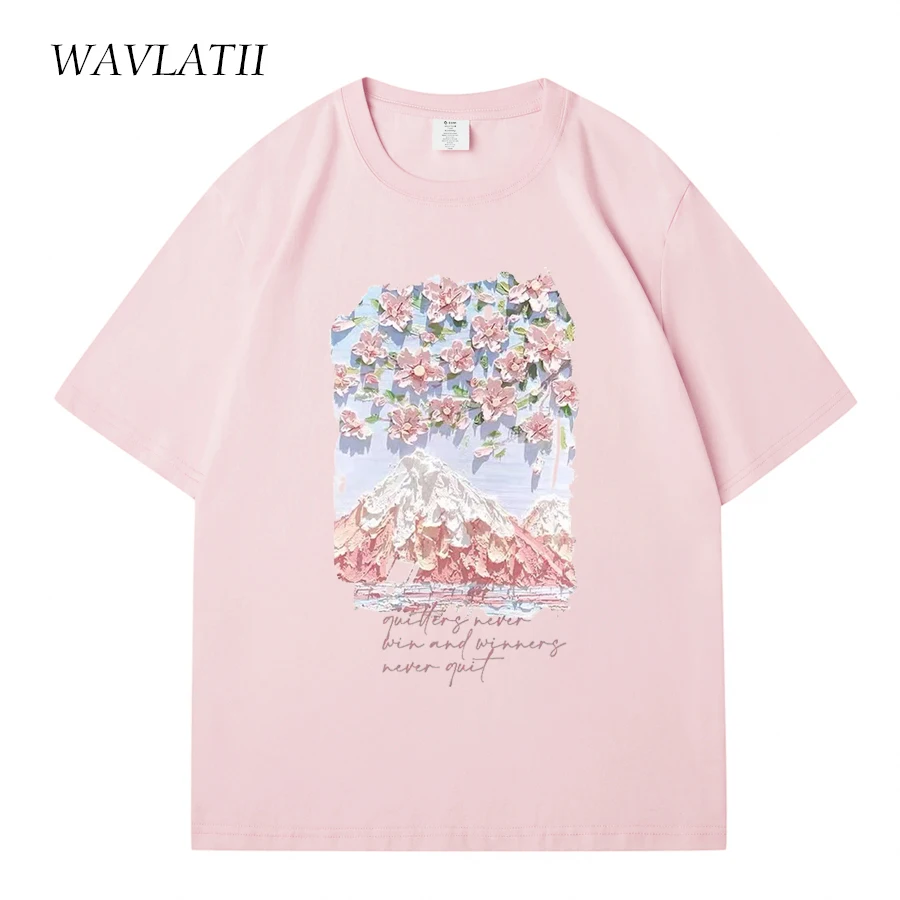 WAVLATII Women 100% Cottom Summer T shirts Female Lavender Streetwear Printed Tees Lady Green Casual Short Sleeve Tops WT2328