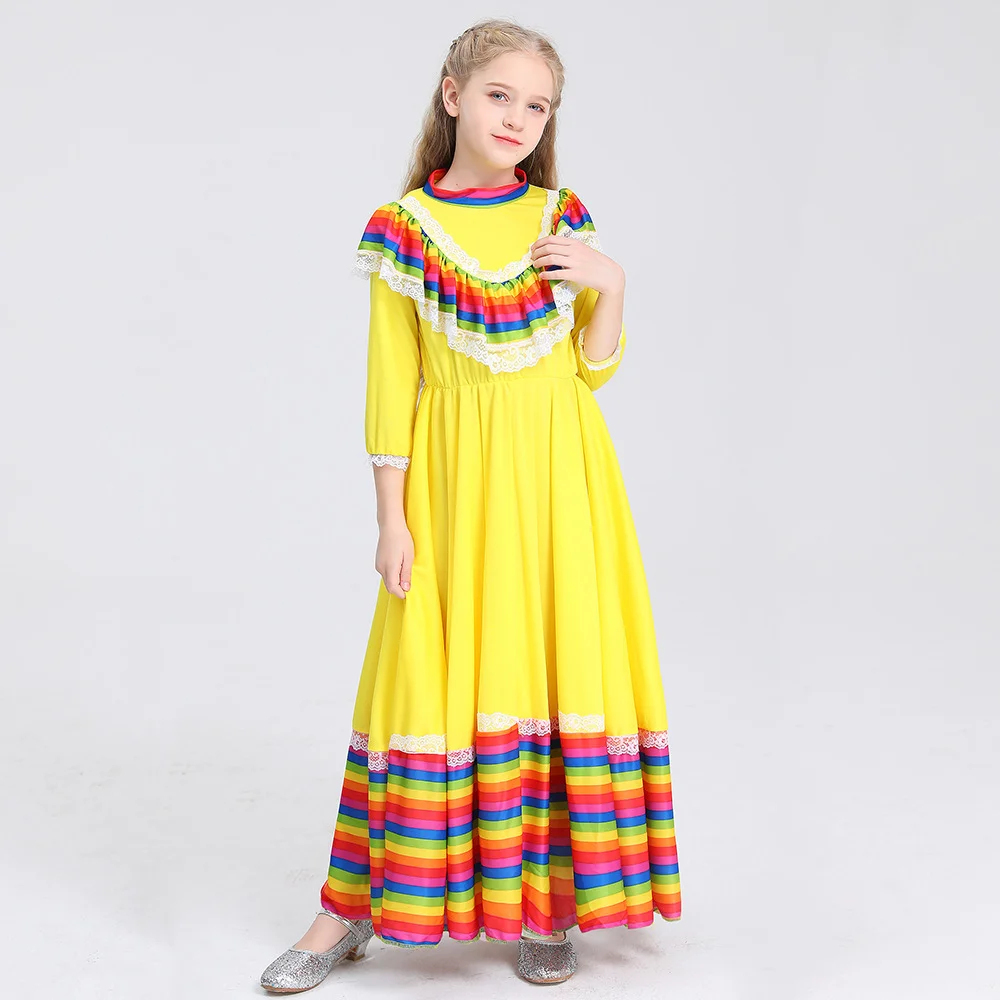 

Flamenco Dance Long Dress Costume for Mexican Children's Ethnic Style Party Festival Celebration Performance Campus Clothing