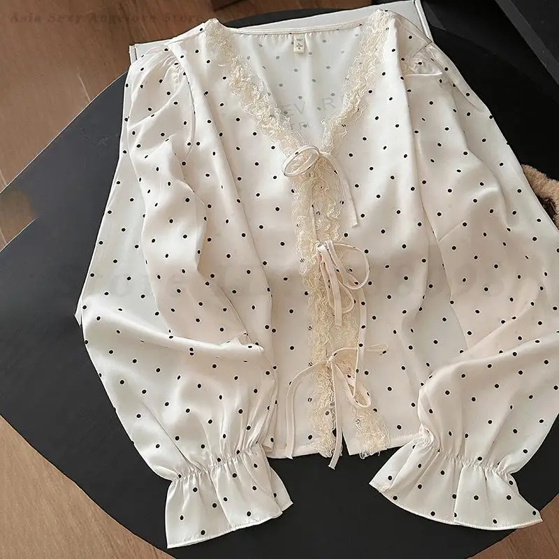 Polka Dots Ruffle Edge 2PCS Pajamas Set 2025 Spring Summer Ice Silk Sleepwear Women Gentle Long Sleeved V-Neck Loose Loungewear