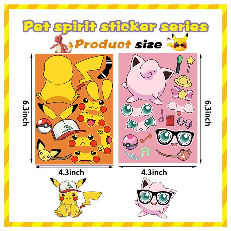 8 Sheets Pokemon Children Puzzle Anime DIY Stickers Make a Face Assemble Funny Cartoon Decal Jigsaw Kids Boy Toy Gift