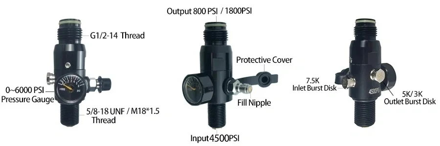 Magnetventil M18X1.5 or 5/8-18UNF Thread 4500psi HPA Air Tank Regulator with Output 800psi 1800psi Cylinder Pressure Reducing Valve Pneumatik — Detail 1