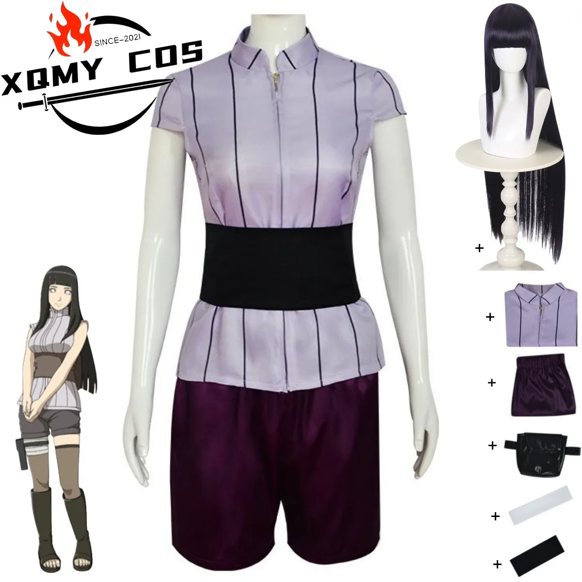 

XQAnime Хьюга Хината Косплей Костюм Полоса Топы с короткими рукавами Футболка Шорты Парик Взрослая женщина Сексуальный карнавальный костюм на Хэллоуин