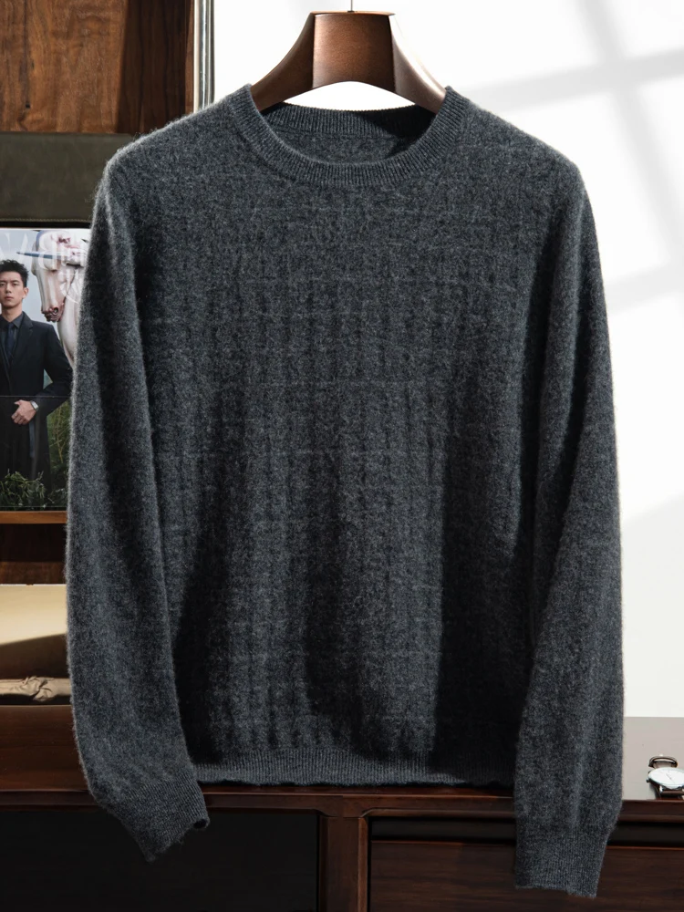 سترة رجالية من الكشمير برقبة دائرية ، بلوفر منسوج ، جاكار غير رسمي ، قميص مربع القاعدة ، ملابس فضفاضة عالية الجودة ، نقي ، خريف