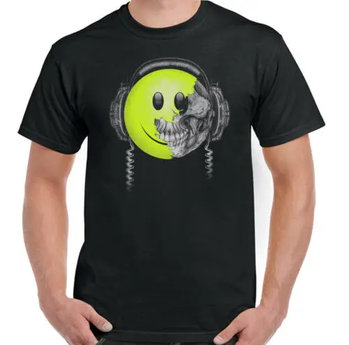 

DJ Skull T-Shirt Happy Face Mens Funny DJing Dance Music 90's Rave Acid House