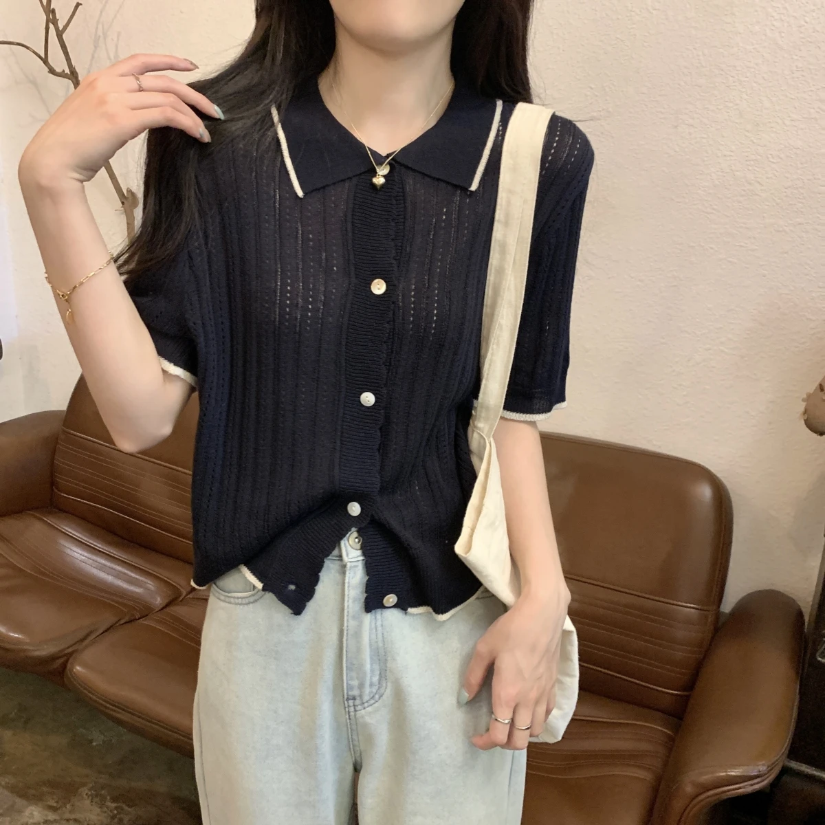 Vintage Polo Collar Knitted Cardigan Women Tops Korean Fashion Short Sleeve Solid Sweater Hollow Out Office Lady Blouse