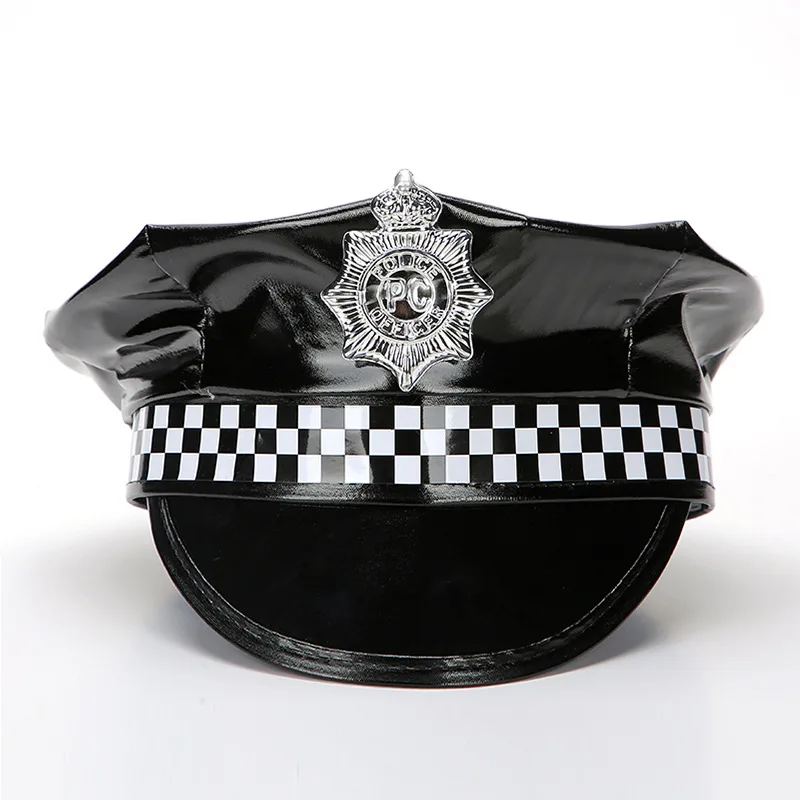 

Military Hat Army Peaked Police Cap Black Sequined Leather Halloween Female Police Prop Adult Stage Performance 8M205