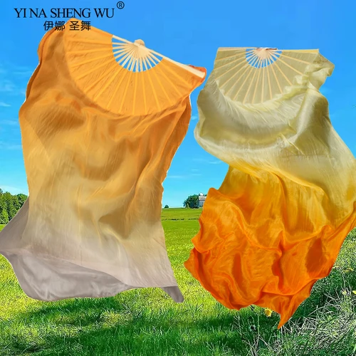 Venta caliente chico mujeres abanico clásico de danza del vientre 1 Uds Color degradado naranja práctica de bailarina 100% abanicos de seda Real abanicos de seda Real