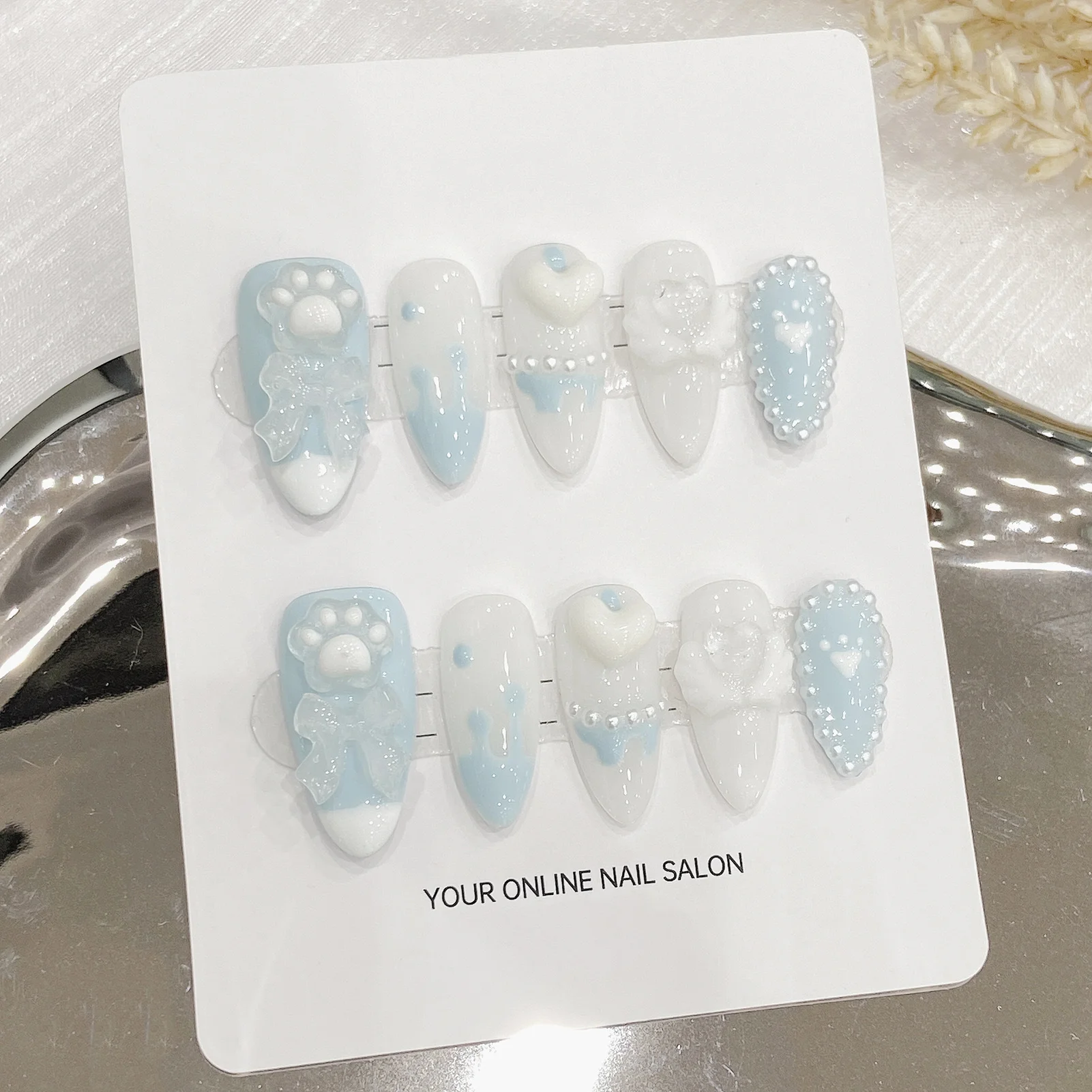 Sweet Blue Almond Fake Nails with 3D Heart Bowknot Design Press on Nails for Girl Lady Wearable 10pcs Handmade False Nail Tips