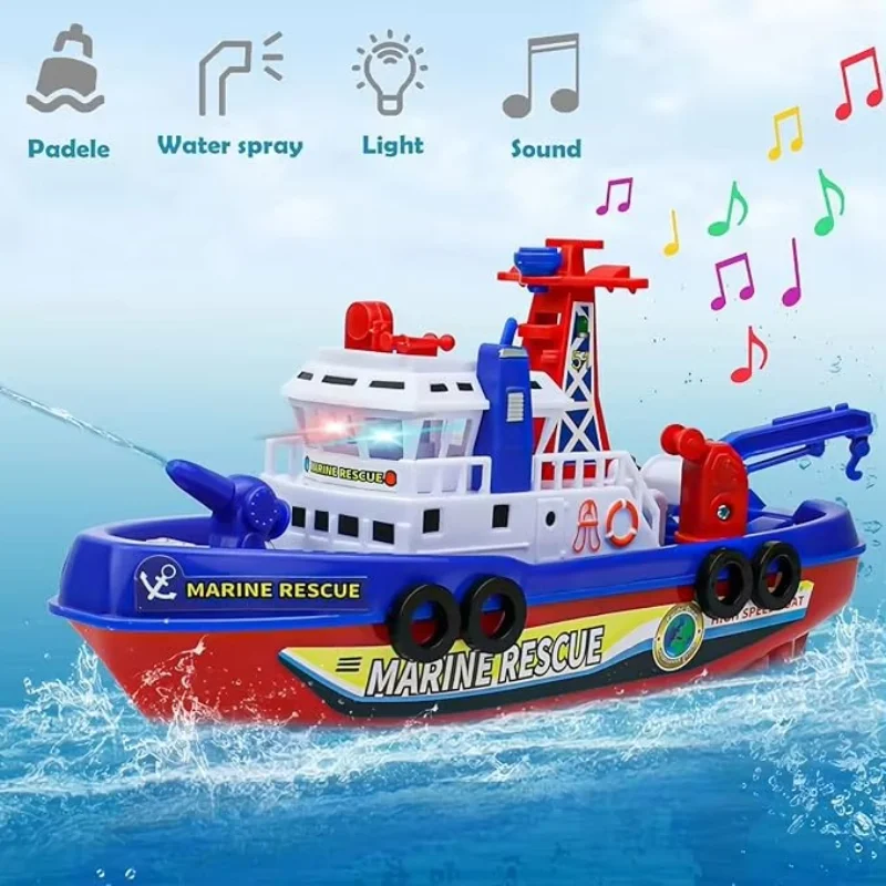 Electric Sea Rescue Ship Model Fire Boat with LED Lights Music Water Spray for Children's Swimming Pool Bath Toys Fast Boat