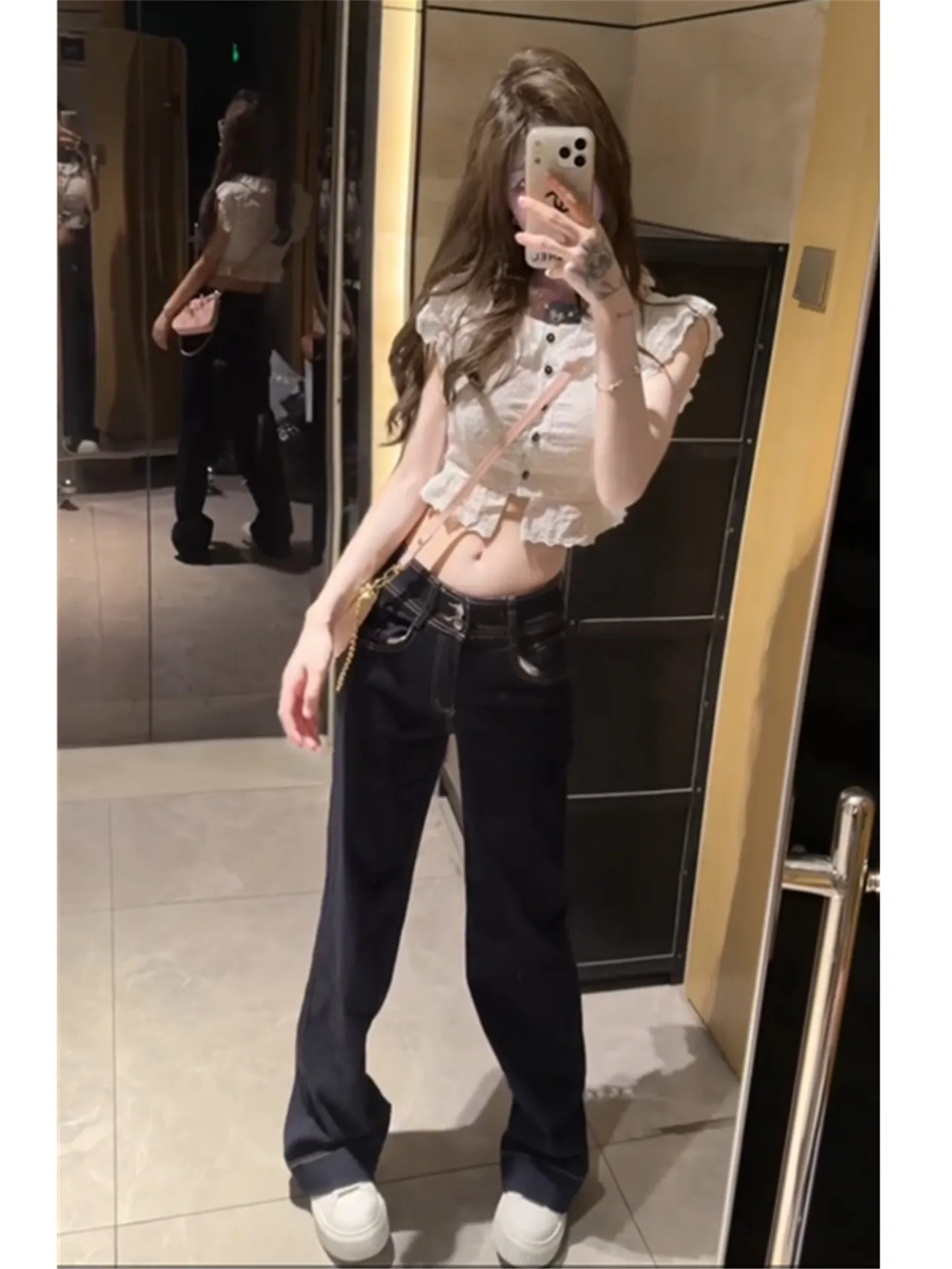 Retro American Low Waist Bell Bottom Jeans Women's Slimming Washed Versatile Design Sensation Floor Length Straight Leg Pants