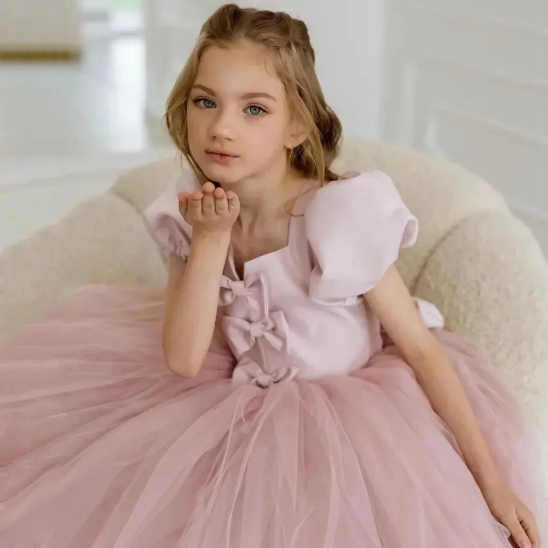 مخصصة مع القوس المغبر الوردي زهرة فتاة فساتين الزفاف ساحة طوق ل طول الأرض أنيقة للأطفال أول بالتواصل فستان حفلات #1