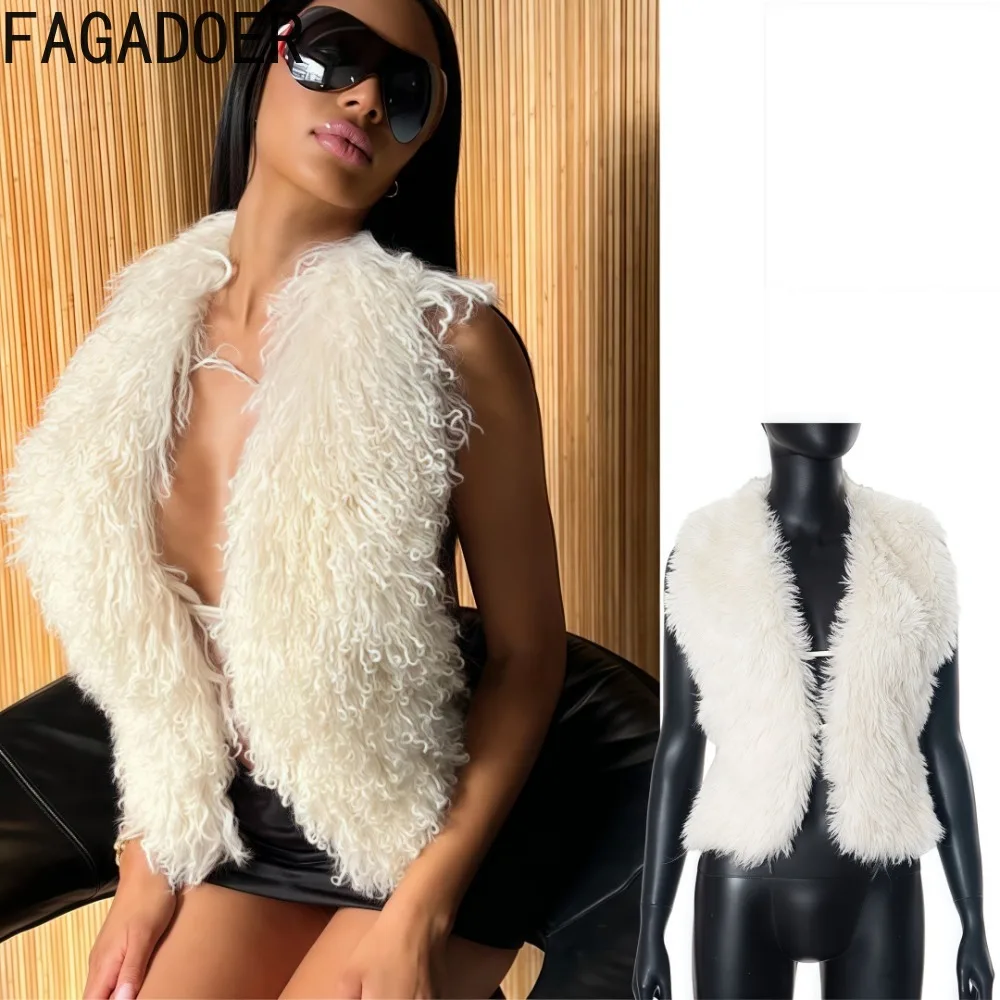 

FAGADOER Sexy Fur Vests for Women Solid Backless Deep V-Neck Bandage Patchwork Crop Top Female Basic Streetwear Halter Furs Tops