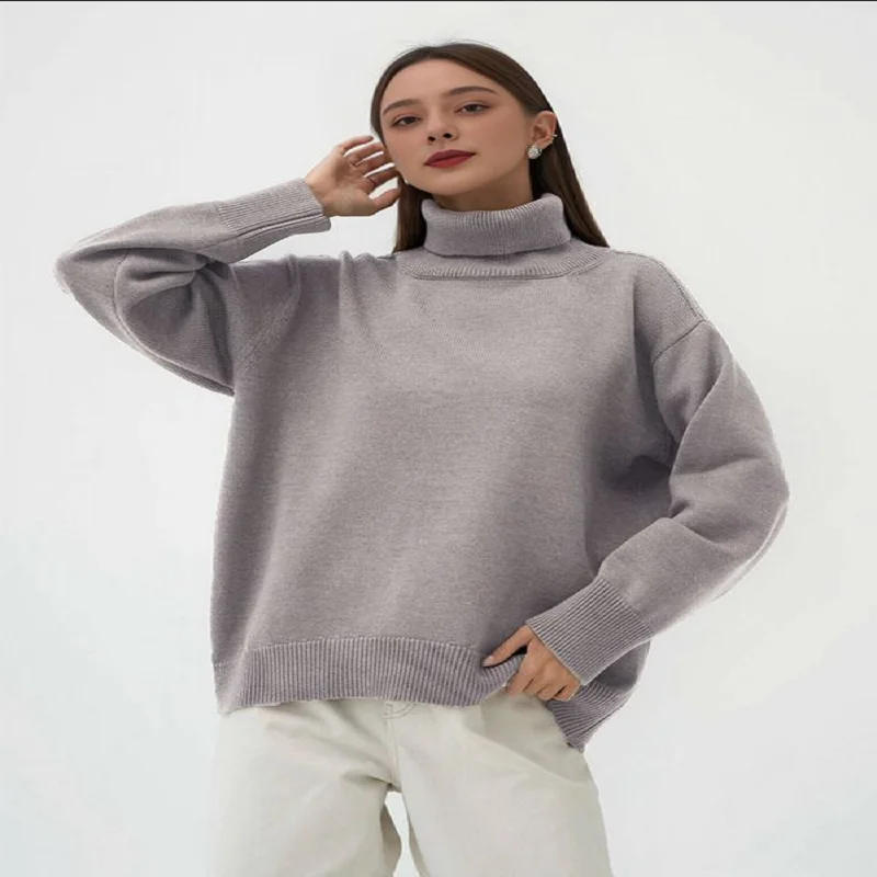 Women's Solid Color High-Neck Sweater Autumn Winter Knit Pullover Tops Oversized Knitwear Soft And Comfortable Female Clothes