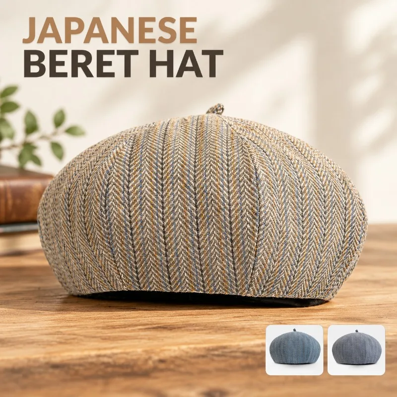 Vintage Herringbone Pumpkin Beret Unisex Simple Literary Artist Cap British Tweed Textured Headwear Autumn Outdoor Street