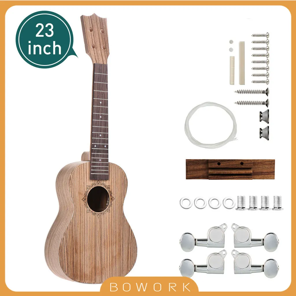 Unfinished 23\'\' 26\'\' Concert Tenor Ukelele 4 StringsHawaii Guitar DIY Kit Zebrawood Body Fingerboard Pegs Strings Bridge Nut SET