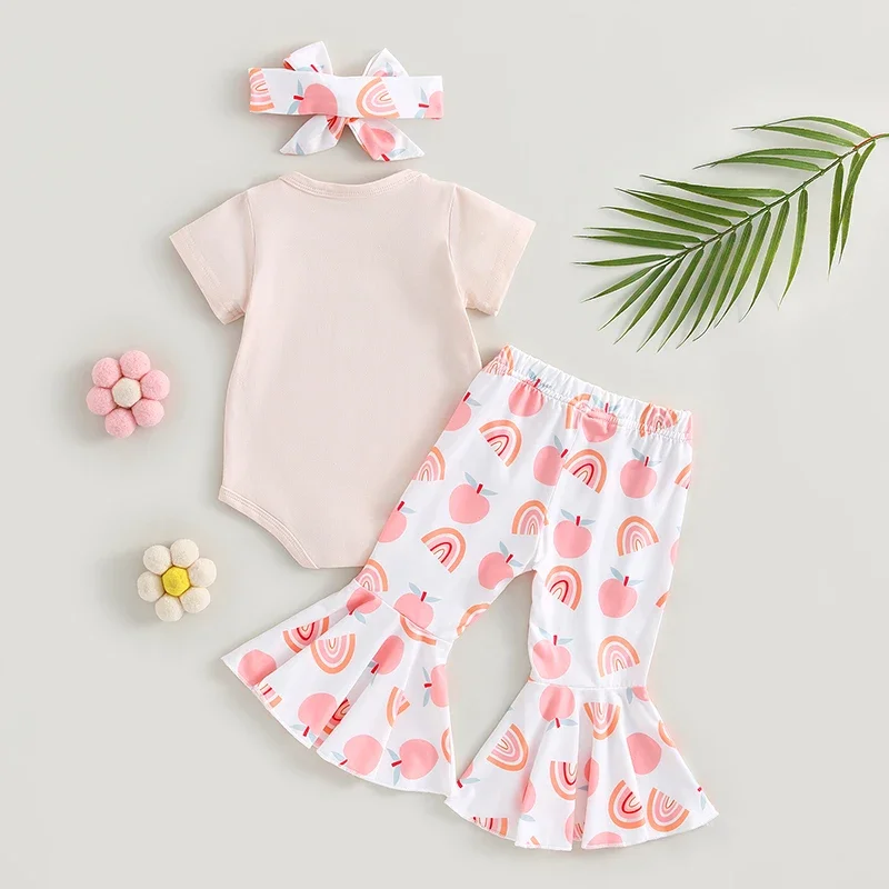 

Infant Baby Girls Clothes Suits Letter Print Short Sleeve Romper Peach Rainbow Print Flare Pants Headband 3Pcs Set