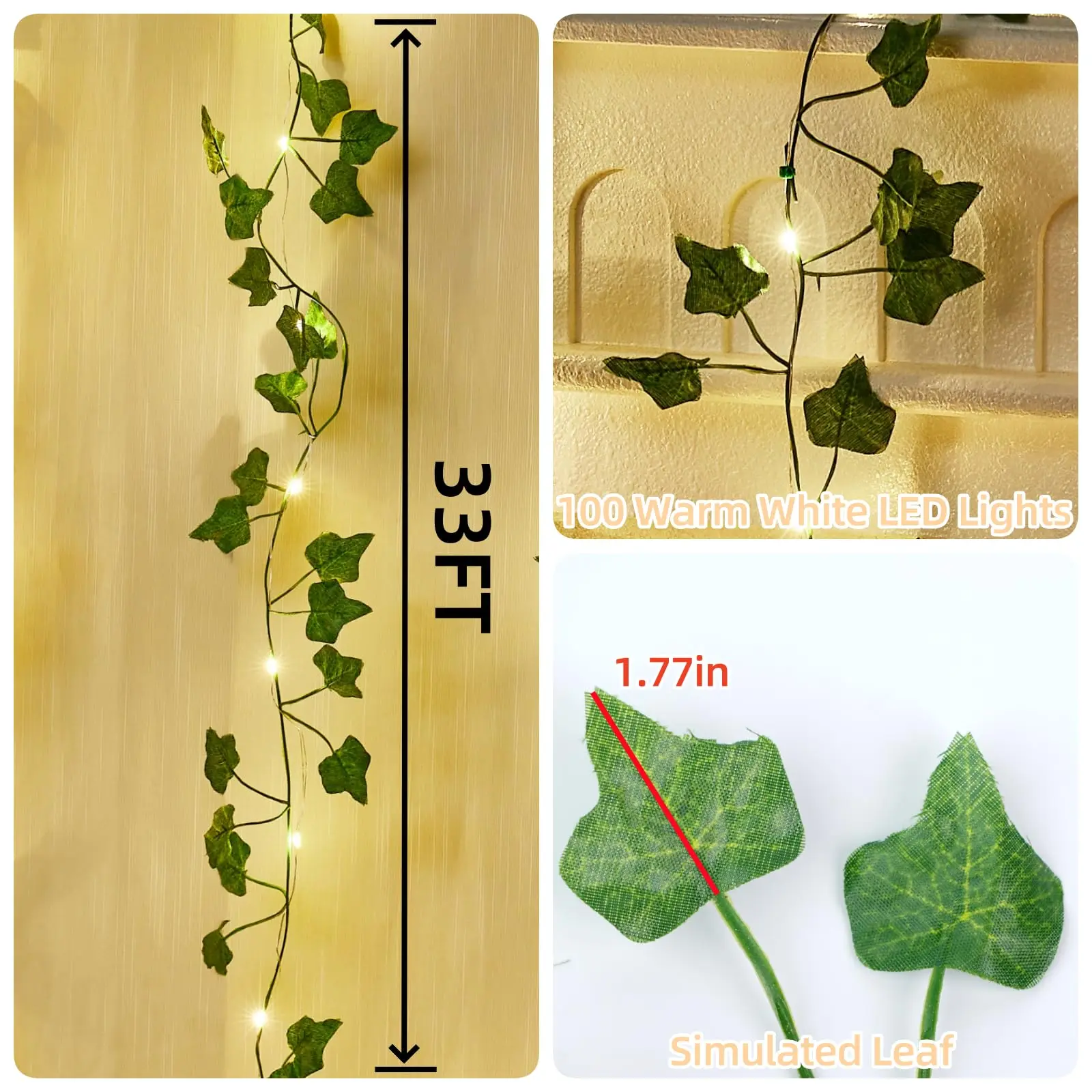 Solar String Light Outdoor 33FT 100LED Warm Wit Klimop Solar String Light 8 Modi Waterdichte Fairy Leaf Lights voor Balkon Tuin