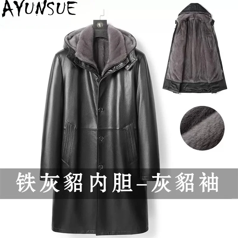AYUNSUE Hood Luxury 100% Whole Mink Real Fur Coat Man Winter Genuine Cowhide Leather Jacket Men Mink Fur Liner Long Parkas 8XL
