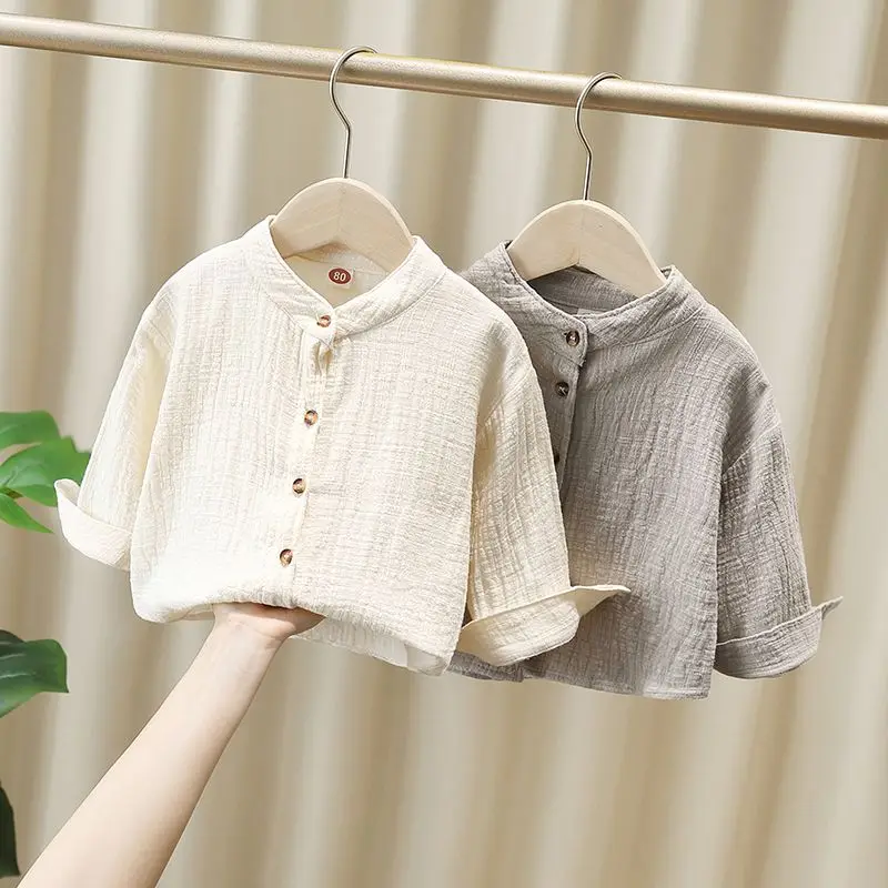 Kid Boys Linen-cotton Shirts 2025 New Arrival Children Apricot Gray Full Sleeve Autumn Tops Stand Collar Comfortable Solid Shirt