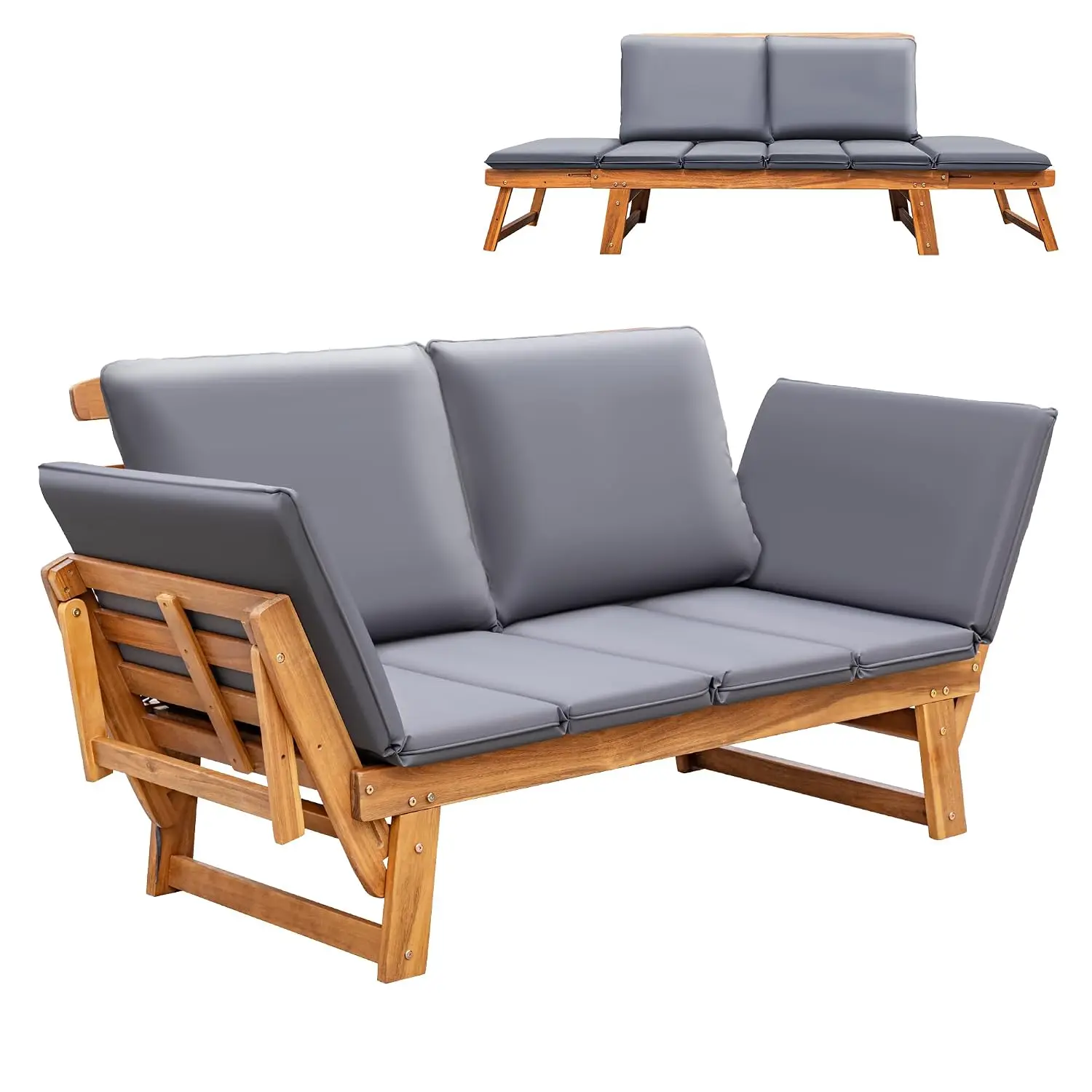 Convertible Outdoor Daybed with Adjustable Armrest, Acacia Wood Frame Cushion & Pillow, Folding Chaise Lounge for Porch Poolside