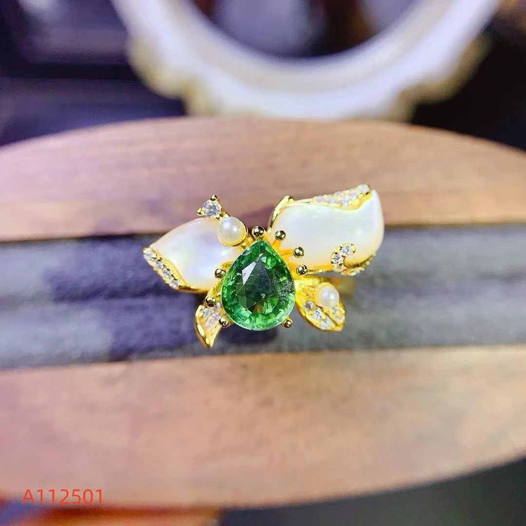 

Fine Jewelry S925 Silver Exquisite Inlaid Natural Green Tourmaline Butterfly-shaped Women's Ring High Clarity Gems Support Test