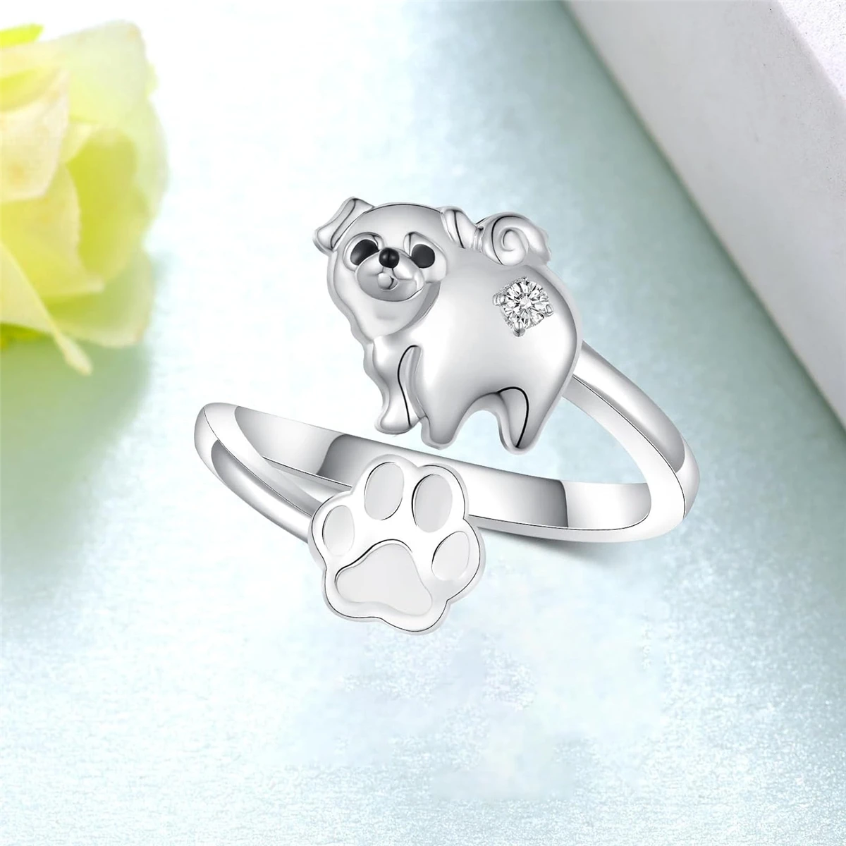 Cute Pug Butt Artificial Crystal Dog Paw Open Ring Exquisite Women's Dog Jewelry Daily Accessories Perfect Gift for Dog Lovers