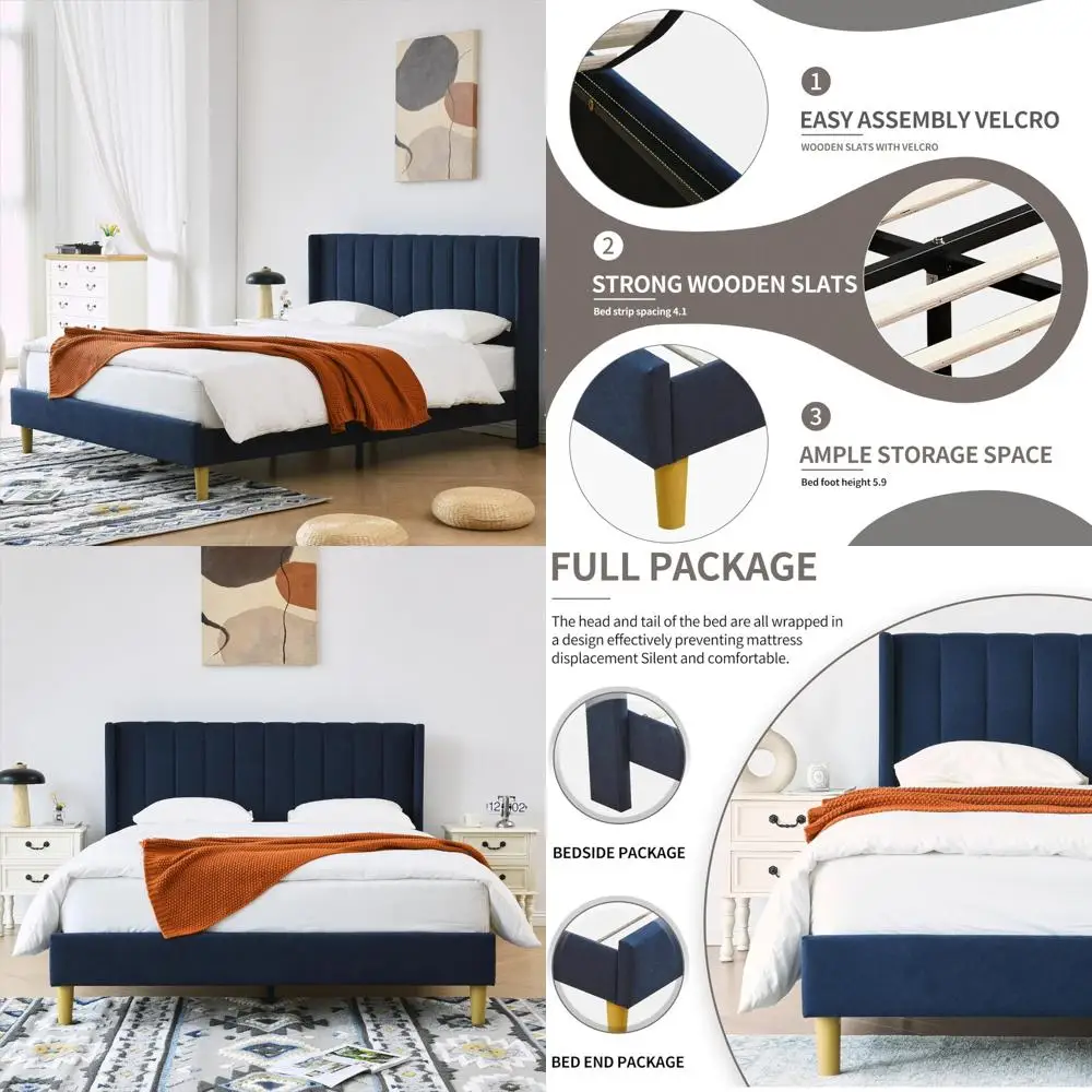 

Modern Geometric Double-Wing Upholstered Platform Bed Frame in Queen Size with Linen Fabric and Easy Assembly