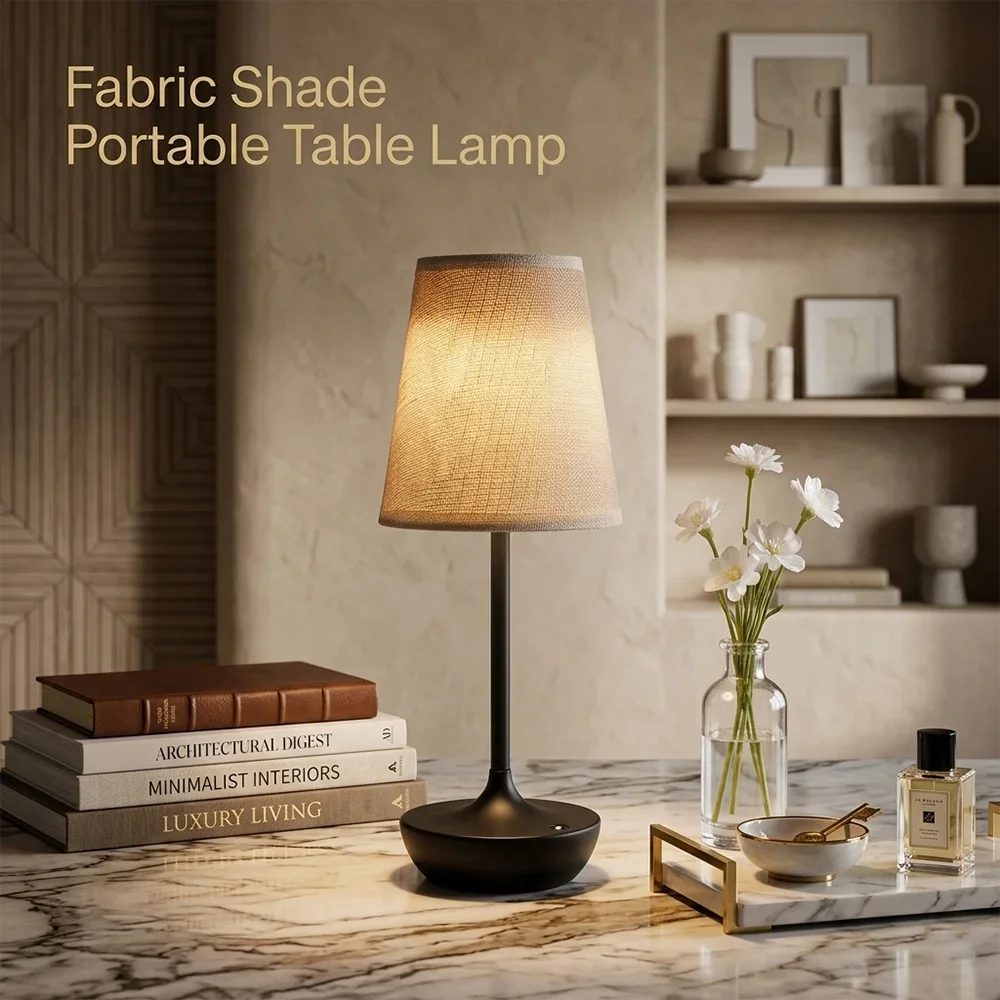Lampu Meja LED Nirkabel dengan Kap Lampu Kain Vintage, Lampu Meja Portabel 2500mAh, Lampu Samping Tempat Tidur untuk Kamar Tidur, Lampu Malam