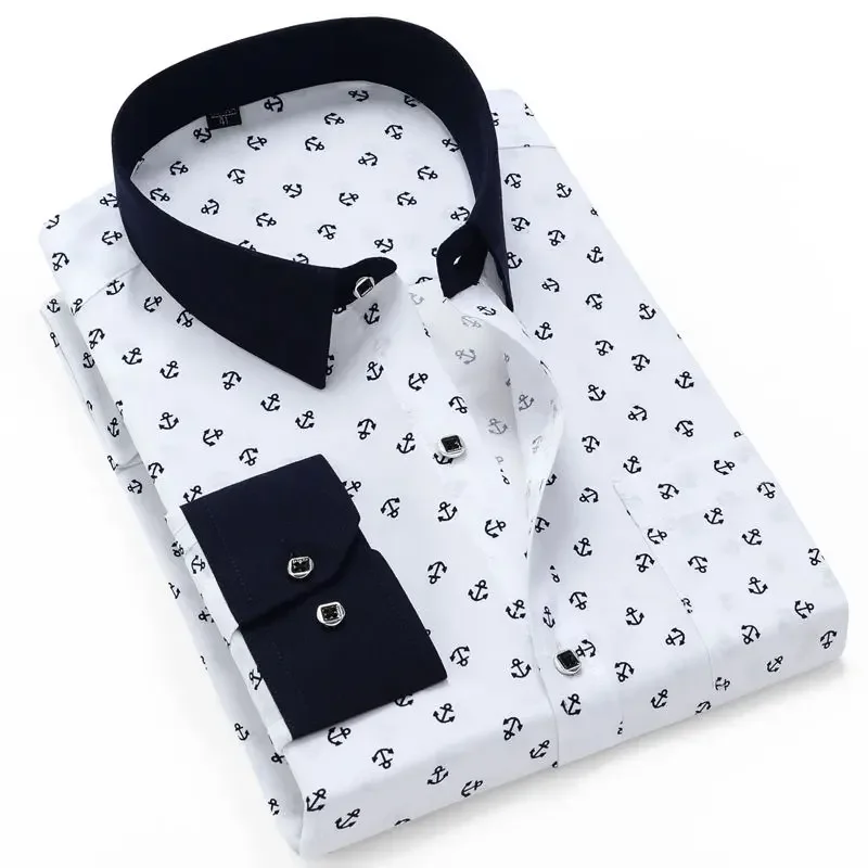 Print Men's Spring Autumn Long Sleeve Shirts Printed for Young and Middle-aged Men Slim Fit  Smart Casual Shirt Blue Purple Red