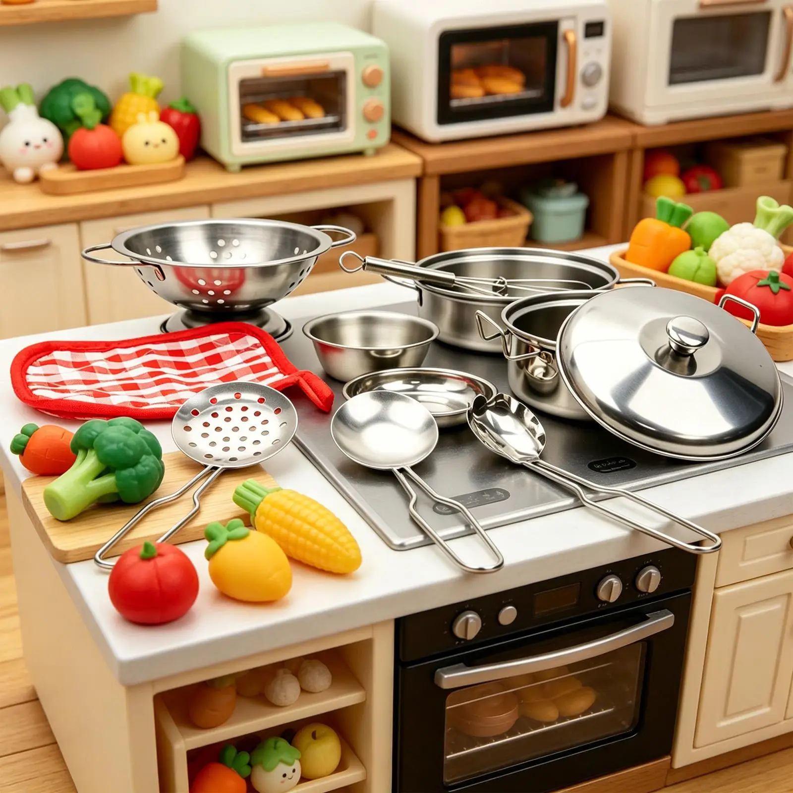 Stainless Steel Kitchen Pretend Play Accessories Toys Cookware Pots and Pans Set Cooking Utensils Gifts Learning Tools