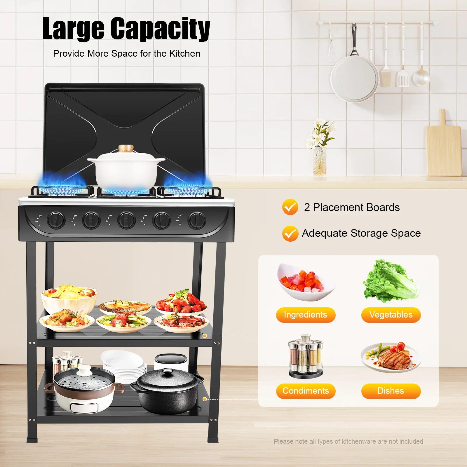 موقد غاز مكون من 5 شعلات للتخييم في الهواء الطلق وشواية شواء مع رف تخزين من طبقتين #4