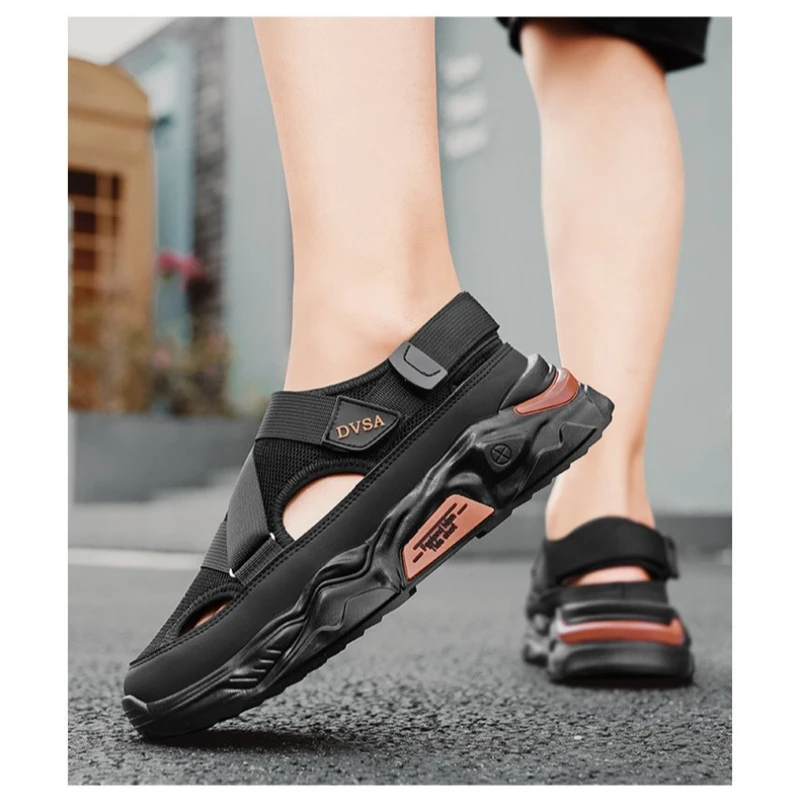 Men Platform Sports Sandals 2026 Summer Mesh Magic‑tape Rubber Sole Hollow‑out Breathable Beach Casual Footwear Black Gray Khaki