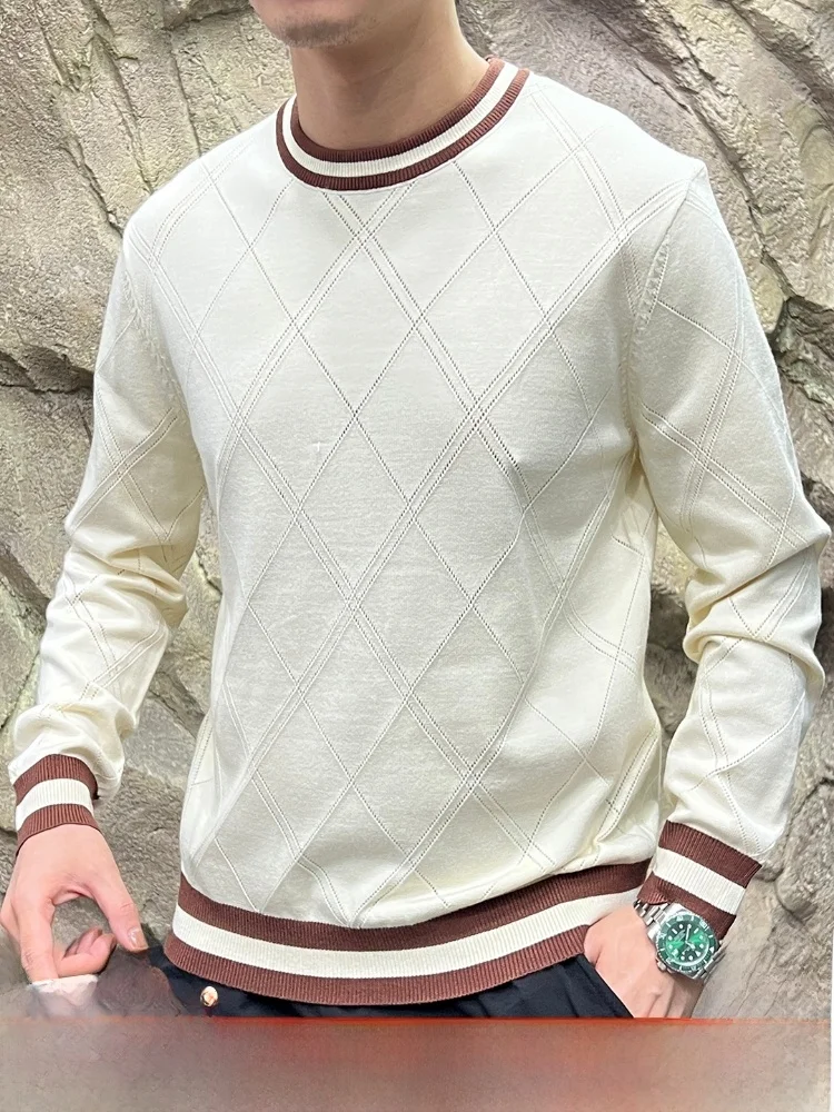 

Модный круглый вязаный свитер Ne, мужской свободный свитер с ромбовидной текстурой, осень-зима, теплый мягкий двойной вязаный длинный топ све
