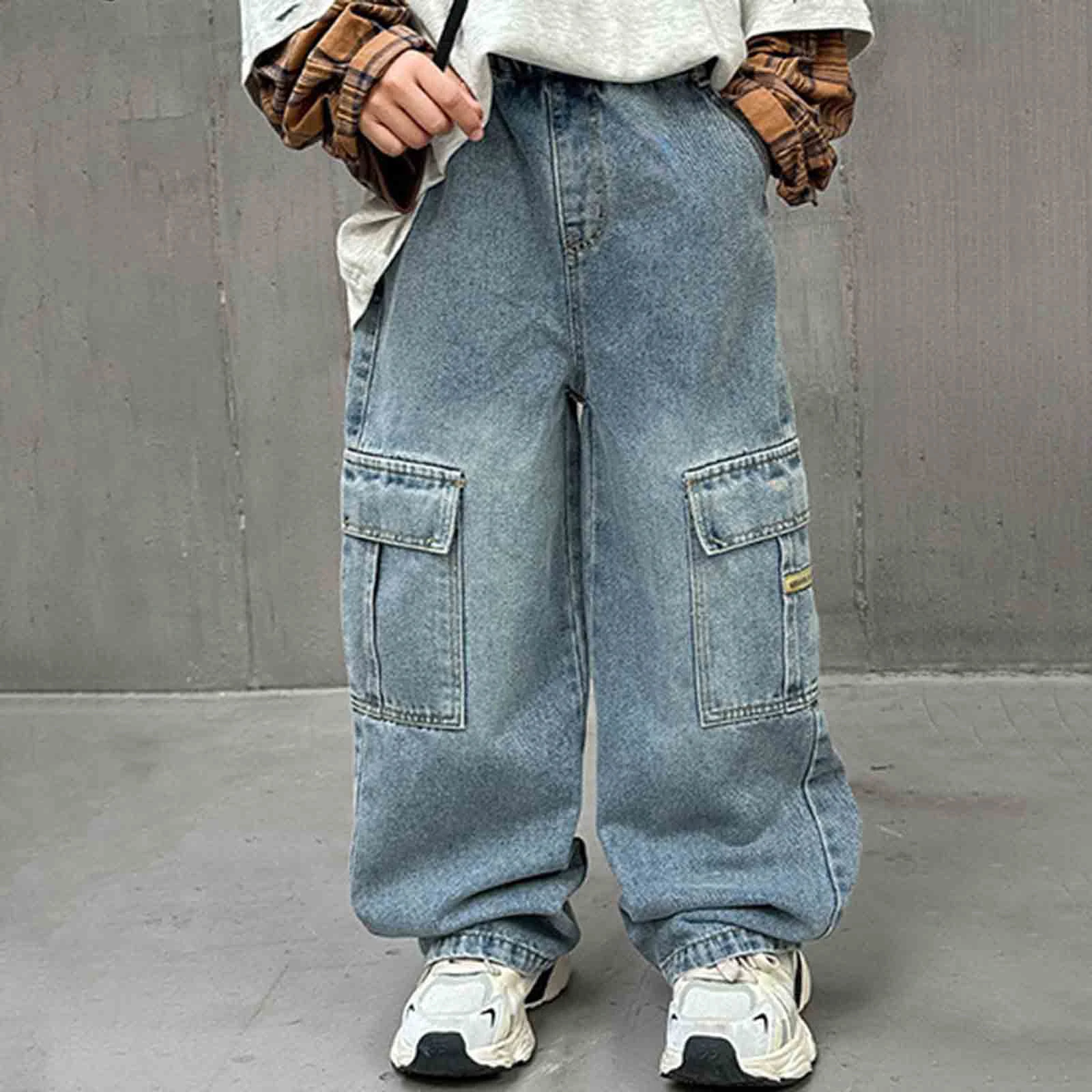 

Children Jeans Pants Boys Workwear Fashionable Loose Wide Leg Straight Style Denim Trousers Casual Oversized Bottom For Kids