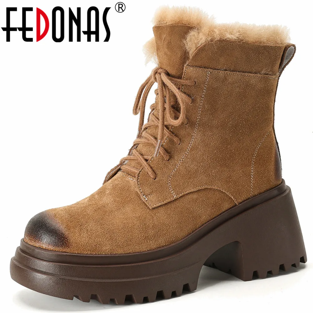 

FEDONAS Thick High Heels Women Ankle Boots Retro Genuine Leather Cross-Tied Wool Blend Winter Warm Snow Boots Casual Working New