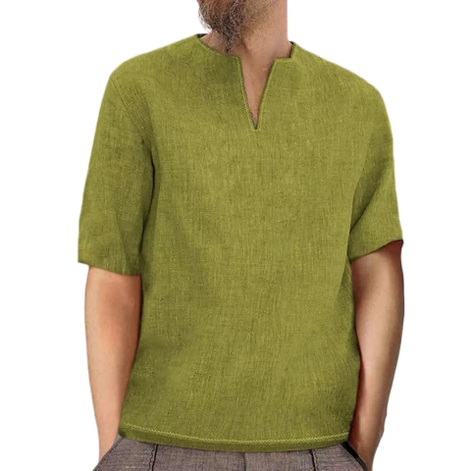 Męskie letnie solidne kolorowe t-shirty codzienne luźne bluzki z dekoltem w serek z krótkim rękawem klasyczne bawełniane lniane proste bluzy w stylu etnicznym