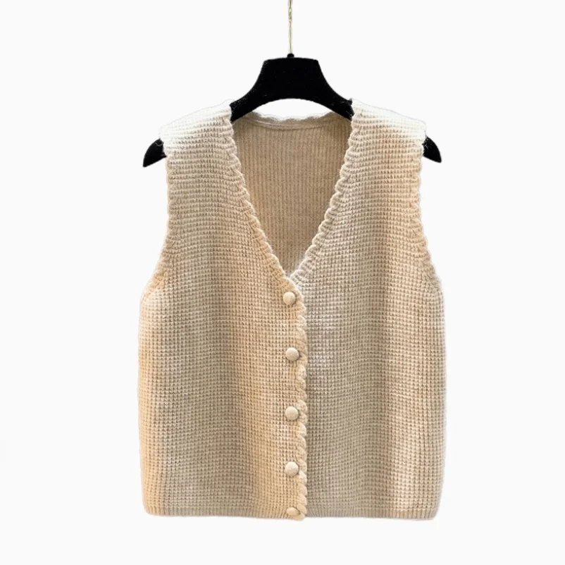 

Faionable V-Ne Knitted Sweater Vest Women's Autumn Outerwear Open Cardigan Sle Regular Thin Pure Color