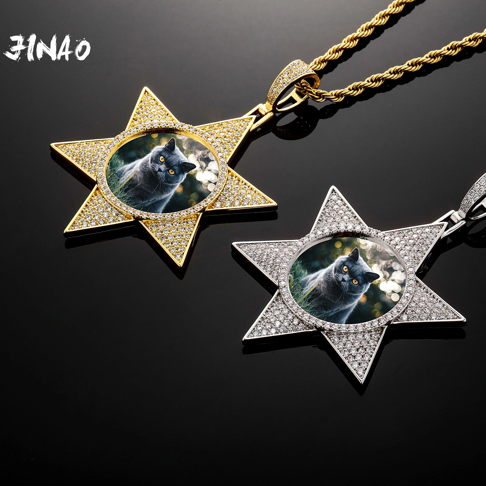 JINAO Hexagram Design Custom Name Photo Pendant Necklaces Cubic Zirconia Hip Hop Jewelry Copper Micro Paved CZ Men For Gift