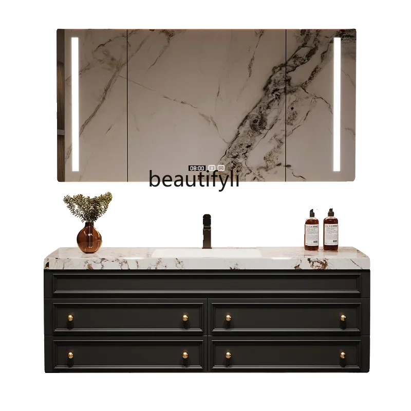 

0240French light luxury bathroom cabinet combination solid wood rock slab wash basin retro wash table