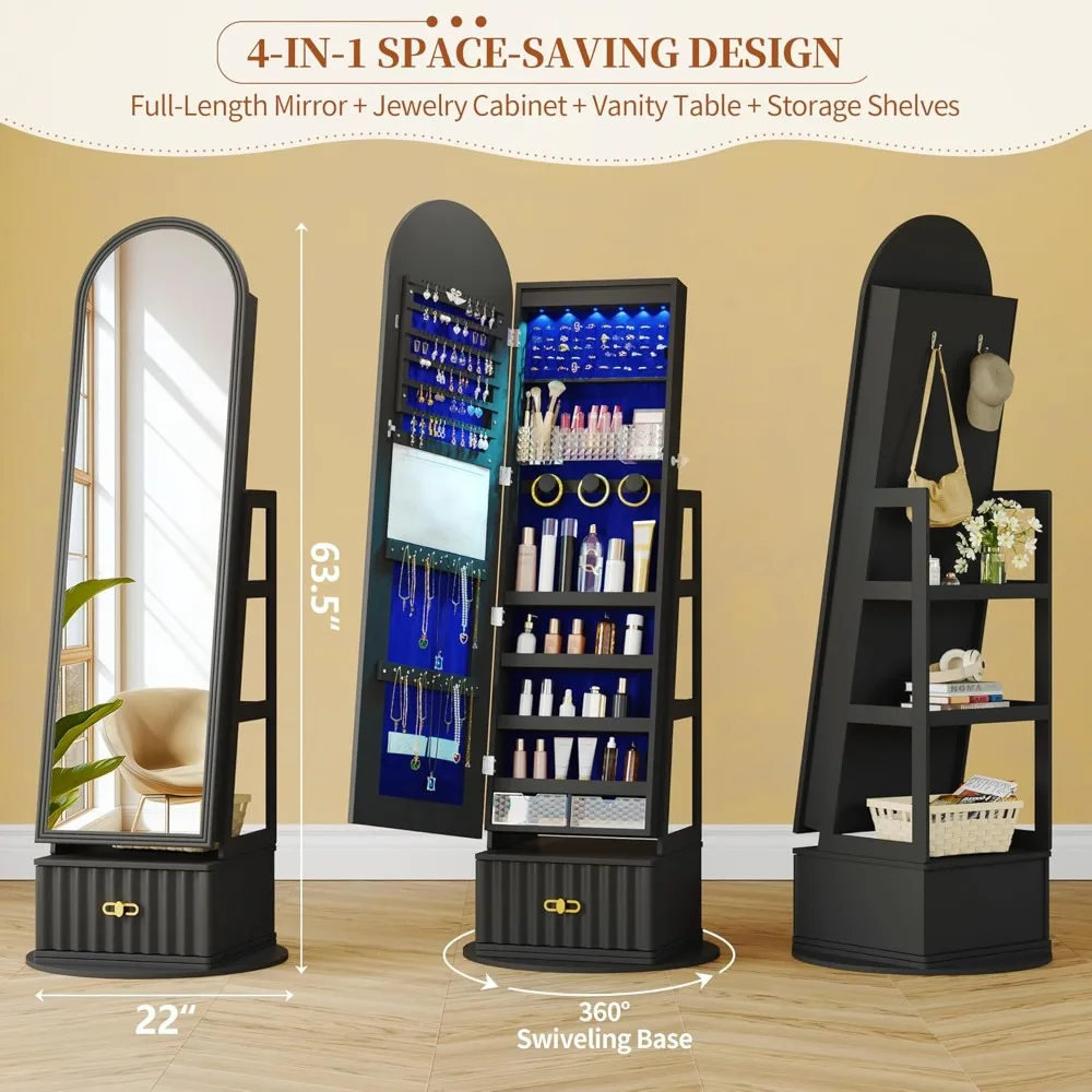 خزانة مجوهرات بمرآة مقاس 63 بوصة، منظم مرآة مجوهرات دوار بطول كامل، مع درج لهدايا النساء والفتيات (أسود)