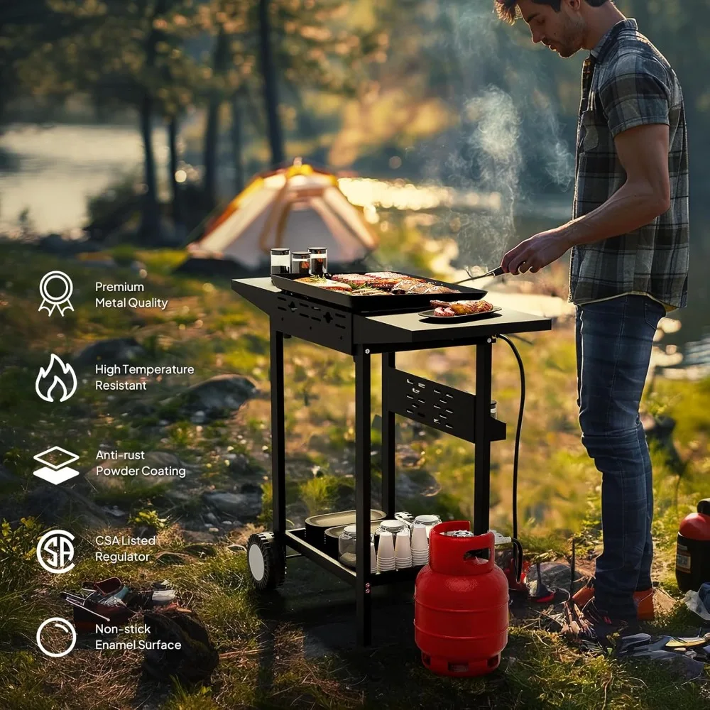 Pemanggang Propana Portabel 2 Tungku, Pemanggang Gas 20.000 BTU dengan Nampan Berlapis Enamel, Pemanggang Permukaan Datar dengan Pengapian Elektronik
