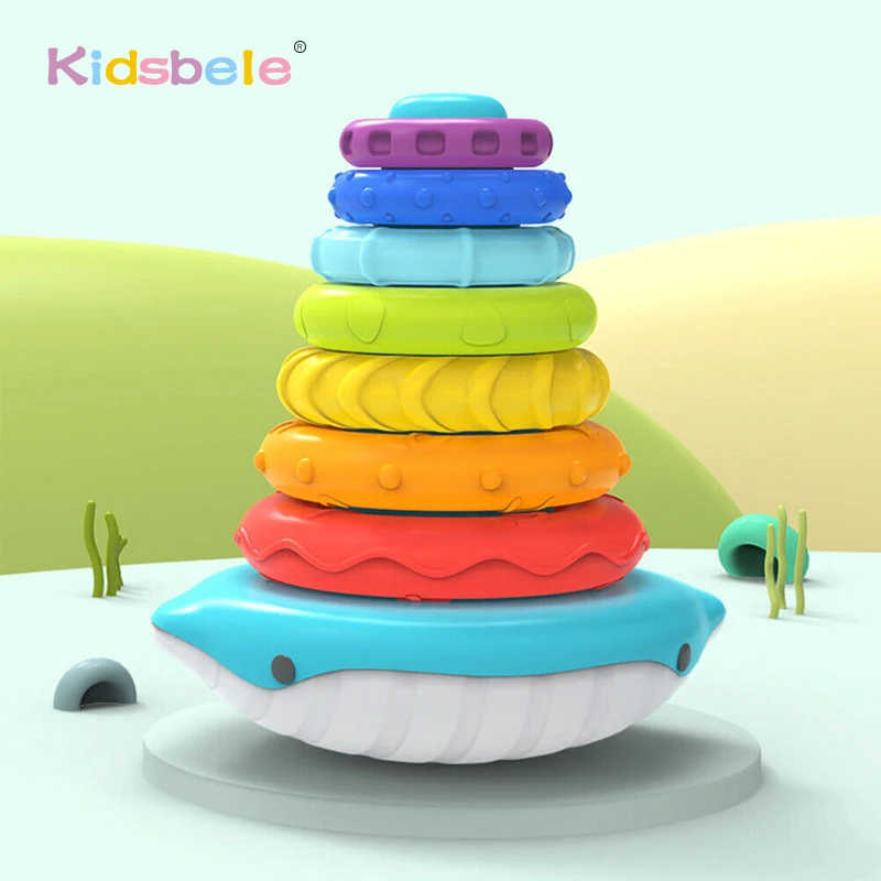 Montessori Educational Developmental Learning Infant Toy Children Rainbow Tower Stacking Circle Whale Tumbler Rattle Stacker